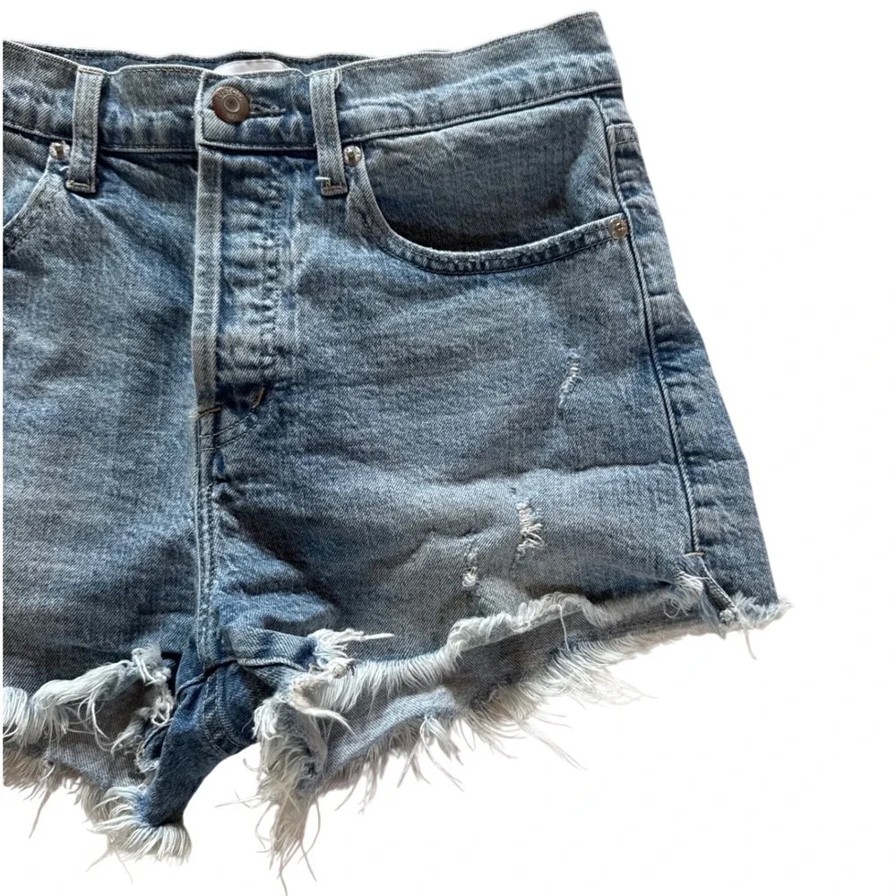 Pistola Distressed Denim Shorts Light Wash Button Fly Frayed Hem Size 27